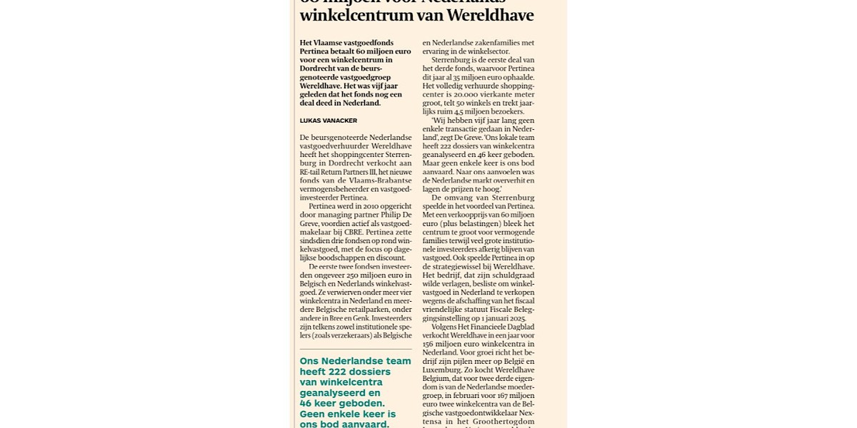 Sterrenburg Shopping Center sold by Wereldhave to Pertinea.